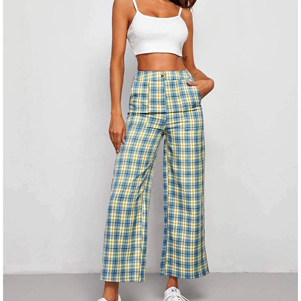 Tartan wide leg high waist fancy pants